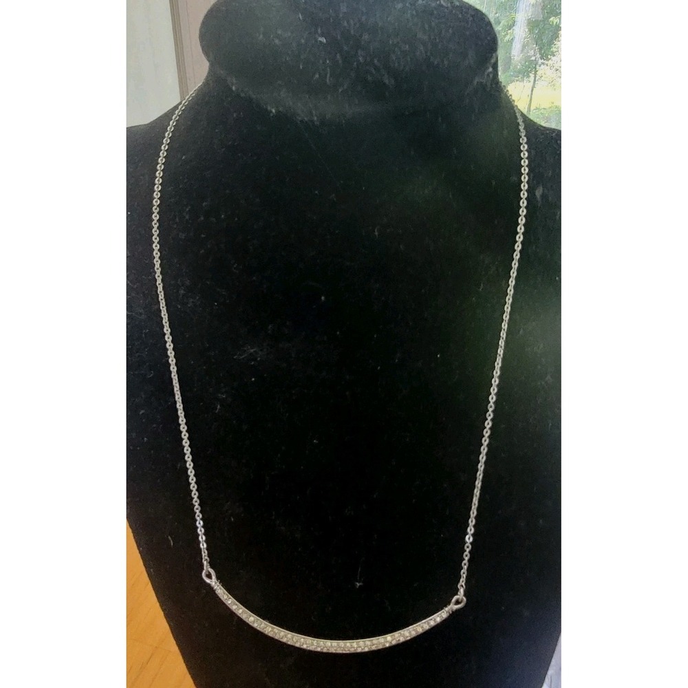 WHBM White House Black Market Rhinestone Curved Bar Necklace Silver Tone 16"